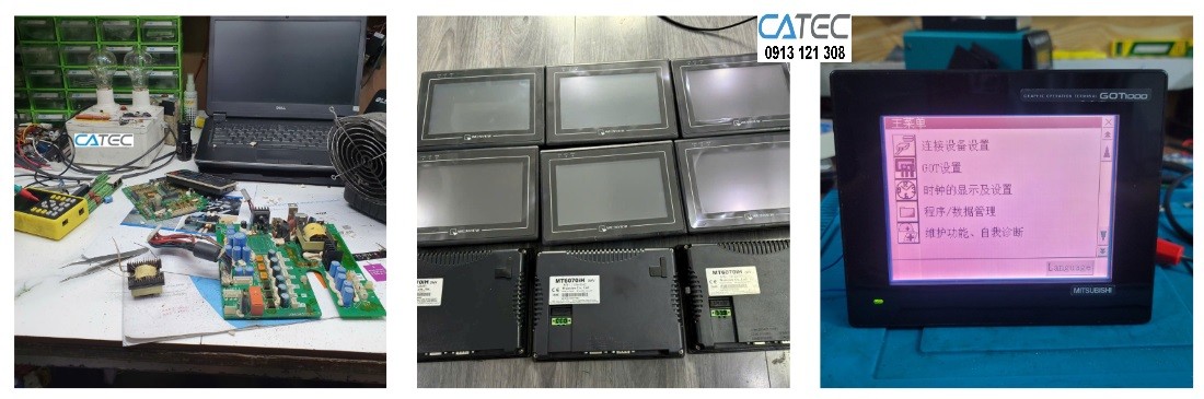 Hình ảnh thực tế kỹ sư Catec đang sửa chữa màn hình công nghiệp HMI tại xưởng