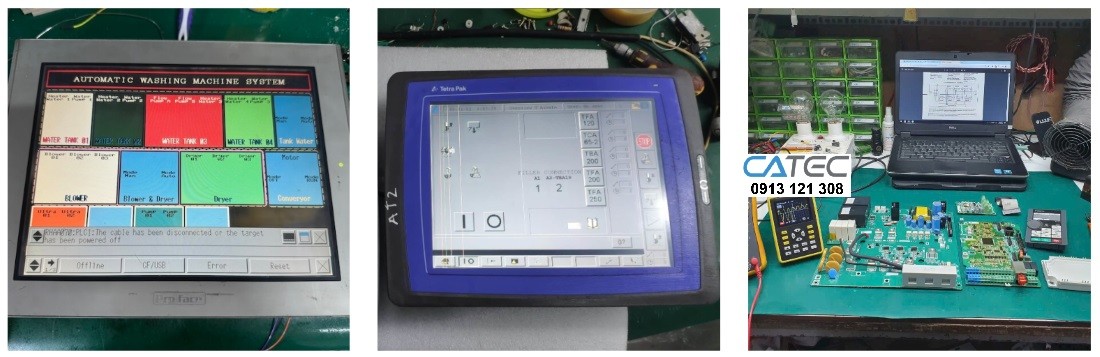Hình ảnh thực tế kỹ sư Catec đang sửa chữa màn hình công nghiệp HMI tại xưởng