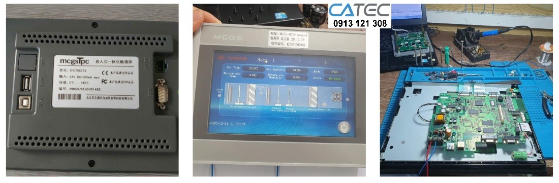 Hình ảnh thực tế kỹ sư Catec đang sửa chữa màn hình công nghiệp HMI tại xưởng