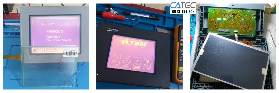 Hình ảnh thực tế kỹ sư Catec đang sửa chữa màn hình công nghiệp HMI tại xưởng