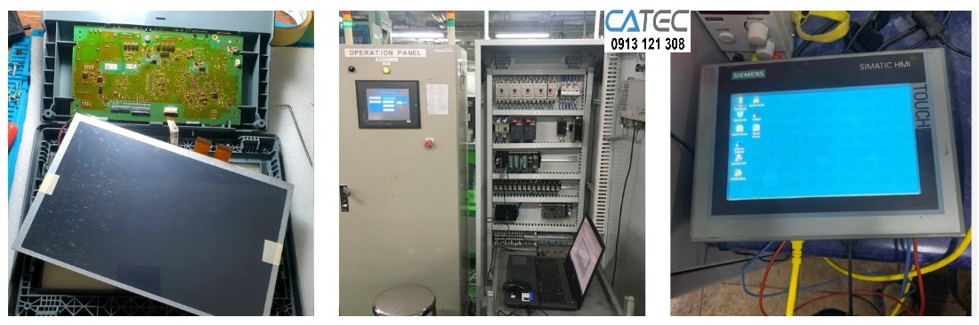 Hình ảnh thực tế kỹ sư Catec đang sửa chữa màn hình công nghiệp HMI tại xưởng