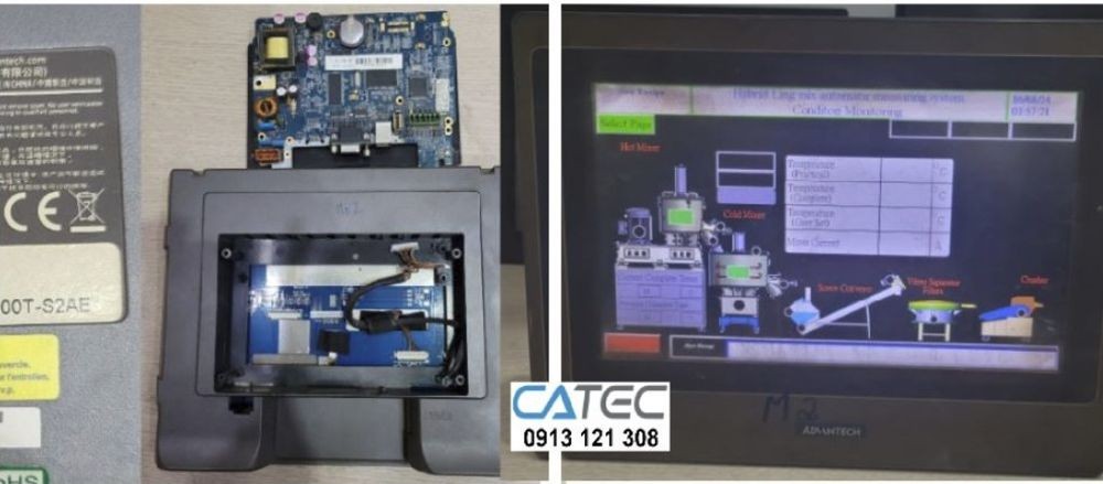 Hình ảnh thực tế kỹ sư Catec đang sửa chữa màn hình công nghiệp HMI tại xưởng